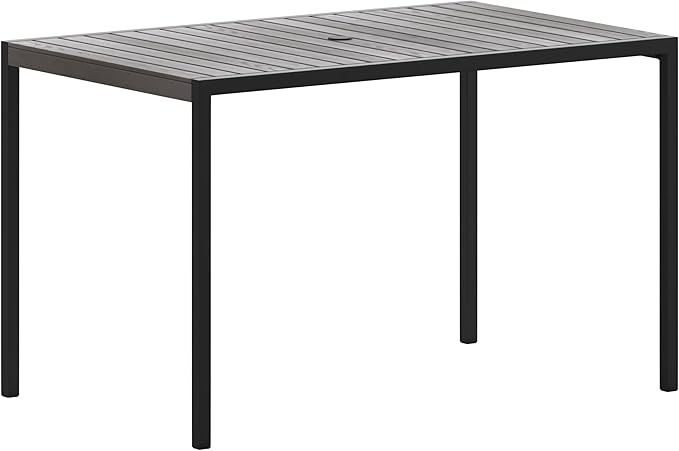 Taylor & Logan Lark Outdoor Dining Table with Synthetic Gray Wash Teak Poly Slats - 30" x 48" Steel Framed Restaurant Table with Umbrella Holder Hole