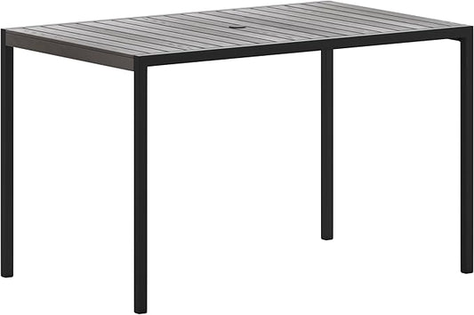 Taylor & Logan Lark Outdoor Dining Table with Synthetic Gray Wash Teak Poly Slats - 30" x 48" Steel Framed Restaurant Table with Umbrella Holder Hole