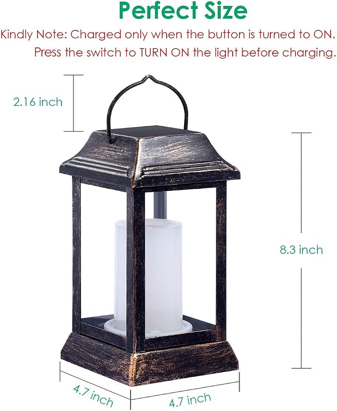 TomCare Flickering Flame Solar Lights Outdoor Metal Hanging Lantern, 2 Pack | Realistic Flame Effect, Charges in 6-8 Hours, 10-12-Hour Runtime, IP65 Waterproof, Auto On/Off for Patio, Garden and Porch