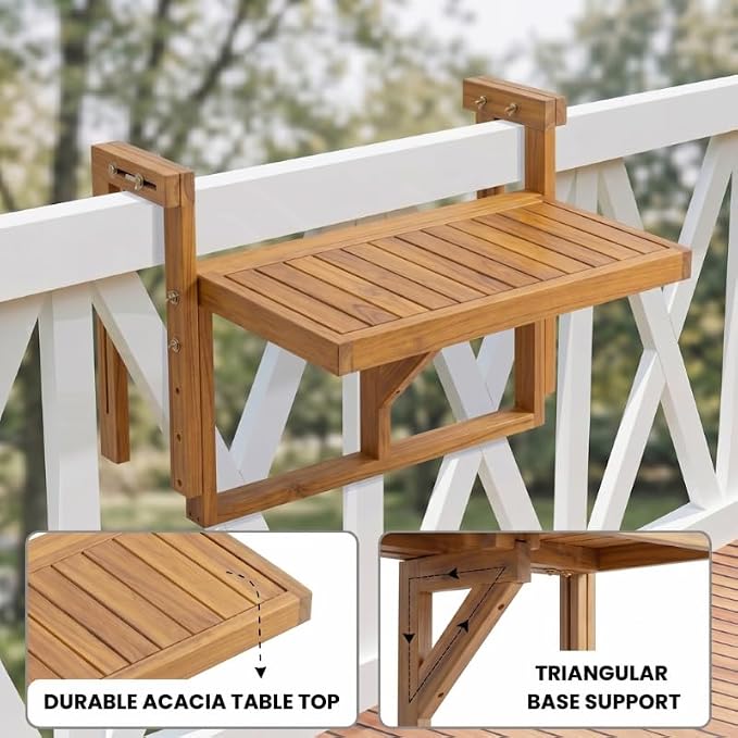 Acacia Wood Balcony Hanging Table – Stable Fixed Outdoor Railing Table – Weather-Resistant White Finish – Adjustable Mounting for Small Balcony, Patio, and Porch (Natural Wood - 2pcs)