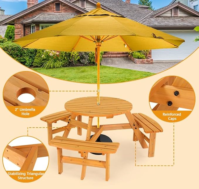VINGLI 6 Person Wooden Picnic Table, Outdoor Picnic Table with 3 Build-in Benches, Round Patio Table and Bench Set with Umbrella Hole for Backyard, Garden, Pool, Natural Wood