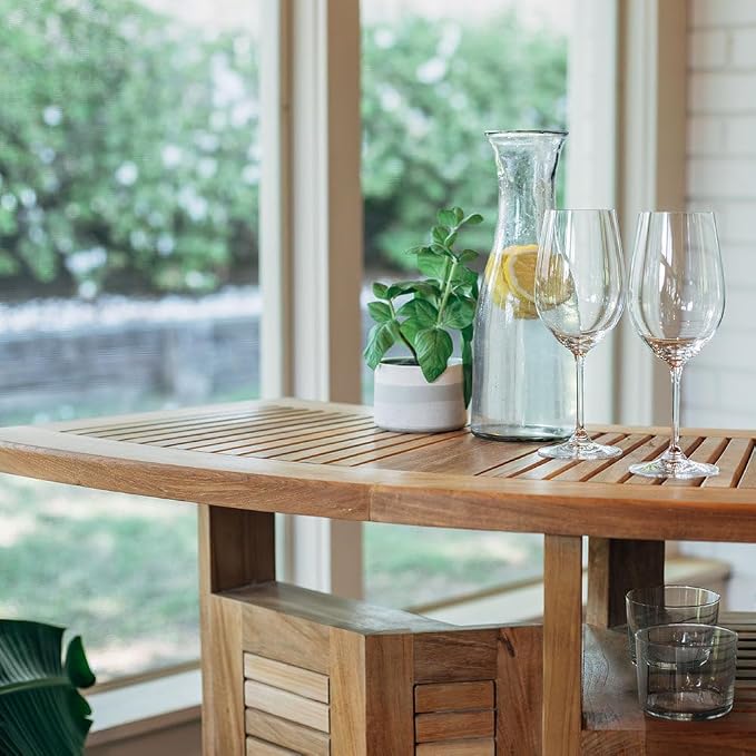 Ash & Ember Acadia Grade A Teak Folding Bar Table, Two Tier Cabinet with Folding Panels, Indoor Outdoor Solid Wood Patio Furniture, Tightly Spaced Slats, Weather Resistant Bar Furniture