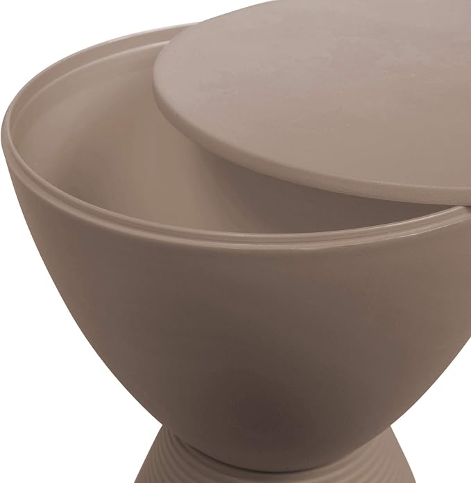 LeisureMod Modern Hourglass Taupe Side Table - ABS Shell Drum End Table with Storage for Indoor & Outdoor Use