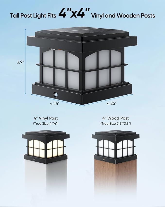 RGBCW Solar Post Cap Lights 2-Pack, 9 Colors 3 Modes Fence Cap Lights, Bright Solar Outdoor Waterproof LED Deck Lighting for Fence Garden Deck Patio Porch Decor 4x4 Vinyl/Wood, Black