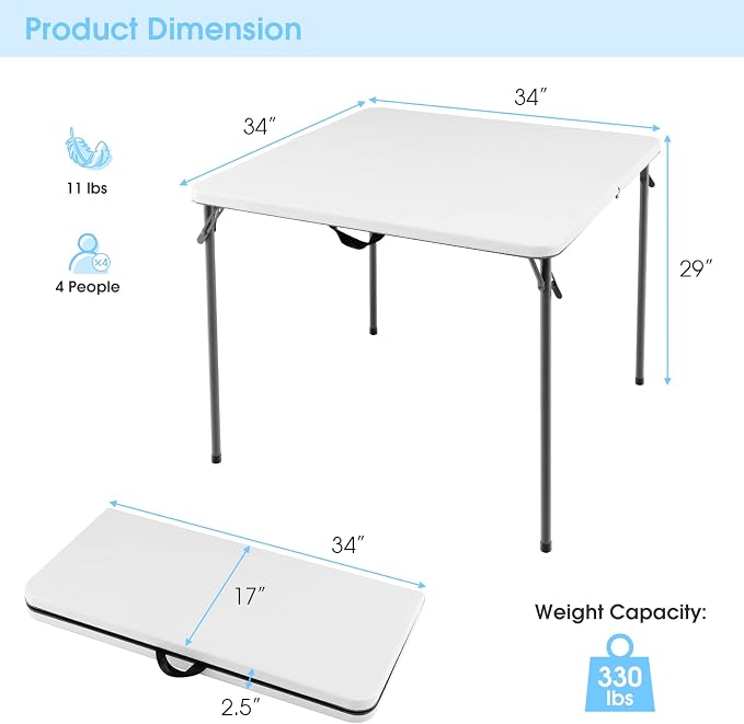 MEDIMALL Outdoor Folding Table, Fold-in-Half Utility HDPE Foldable Table with Metal Legs, Handle, Square Indoor Outdoor Collapsible Dining Table for Camping, Picnic, Party (White)