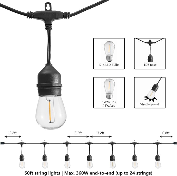 SUNTHIN 50FT Outdoor String Light with 16 1W LED Shatterproof Filament Bulb for Patio Lights, Backyard, Porch, Party Lights