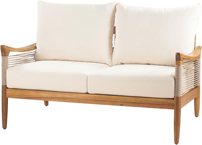 Merax 2-Piece Acacia Wood Patio Loveseat Set with Coffee Table | Teak-Finish Acacia Frame, Beige Woven Rope, 6-Inch Cushions And Arc Coffee Table For Porch, Garden, Backyard Or Balcony