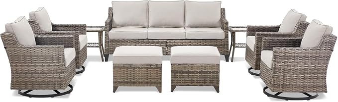 Outdoor Patio Furniture Set-9 Pieces All-Weather Wicker Outdoor Furniture with Swivel Patio Chairs Outdoor Patio Conversation Sets for Garden Porch Deck Grey/Beige