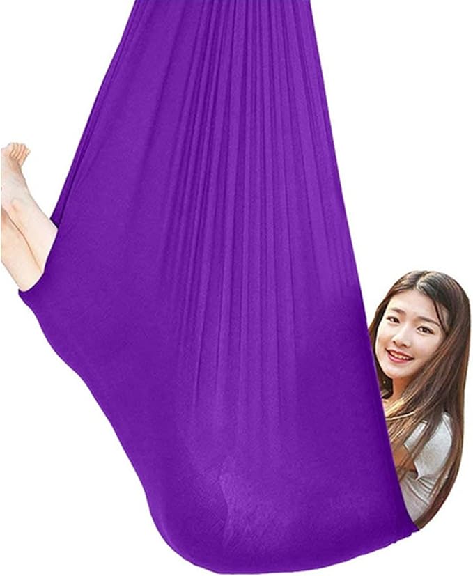 360° Rotating Elastic Aerial Yoga Hammock Outdoor Indoor Swings Aerial Yoga Sensory Therapy Cuddle Swing Soft Elastic Parcel Steady Seat Swing (Color : Purple, Size : 100x280cm)