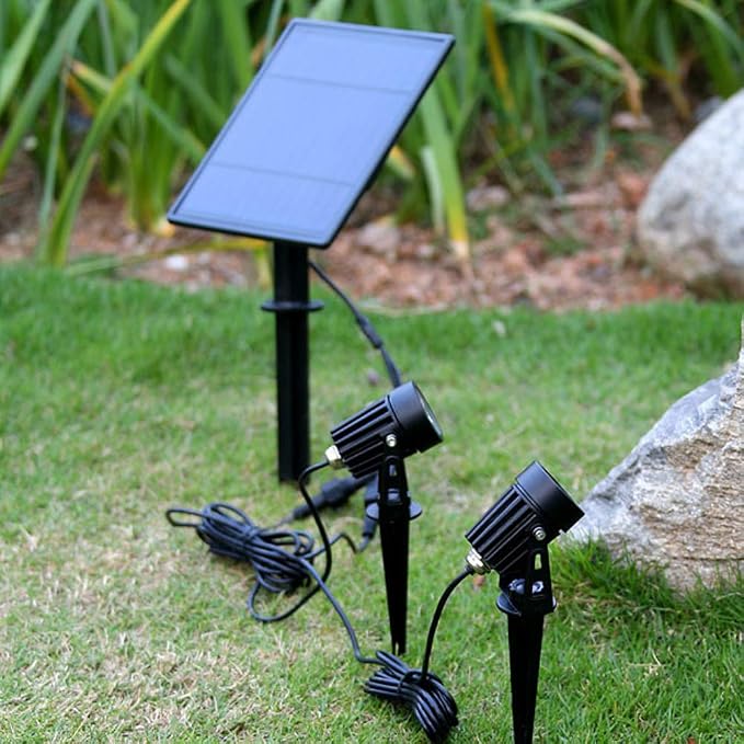 APONUO Metal Solar Spot Lights Outdoor with 9.8ft Cable Solar Powered Landscape Lighting Low Voltage IP65 Waterproof Auto On/Off for Outside Garden Yard Landscape Pathway Garage-Warm White(4-in-1)