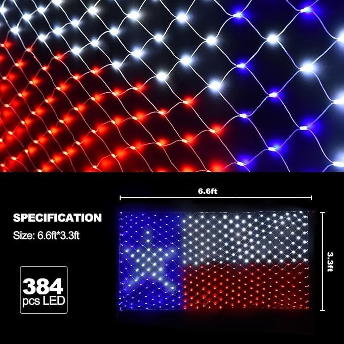 Texas Flag Net Lights Outdoor 3.3x6.6 FT - 384 LED Patriotic American Flag Decor with 8 Modes, Waterproof for 4th of July, Christmas, Yard, Porch, Parties