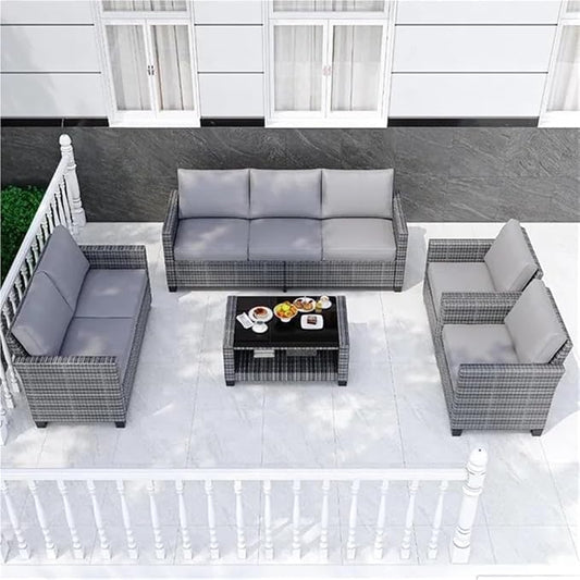 5-Piece Outdoor Patio Furniture Sets PE Rattan Furniture Sectional Sofa Set with Storage Table Patio Conversation Sets for Garden Backyard Lounge