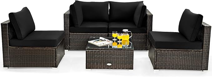 Tangkula 5 Pieces Patio Furniture Set, All Weather Wicker L-Shaped Corner Sofa Set w/Soft Cushions, Outdoor Sectional Conversation Couch Set w/Glass Table for Backyard Garden Poolside (Black)