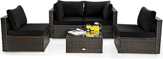 COSTWAY 5-Piece Outdoor Patio Furniture Set, PE Rattan Sofa Chairs with Cushions and Tempered Glass Coffee Table, Conversation Sofa Set for Backyard Garden (Black)