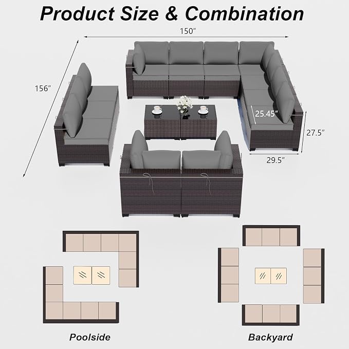 ALAULM Patio Furniture Set with Coffee Table, 14 Pieces Outdoor Sectional with Wide Seat and Thick Cushion, All Weather Wicker Rattan Conversation Set for Backyard, Garden, Deck, Grey