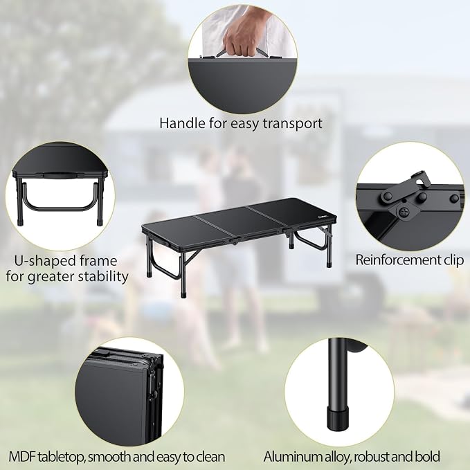 Anbte 34.2" x 15.7" Small Low Folding Picnic Table, 10.3" Height Thicker Aluminum Small Camping Table with Storage Bag, Portable Handle, Lightweight, for Camping Beach Party Picnic Floor, Black