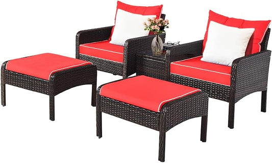 Tangkula 5 Pieces Wicker Patio Furniture Set, PE Rattan Outdoor All Weather Cushioned Sofas and Ottoman Set, 2-Person Outside Conversation Set for Lawn, Poolside, Yard, Balcony, Deck, Red