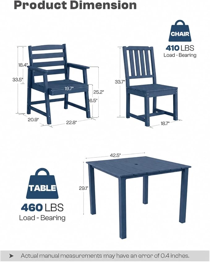 HDPE Outdoor Dining Set for 4, Square Table and Chairs, Navy | All-Weather HDPE, Wood Grain Finish, 42.5" Square Table, Built-In Umbrella Hole, Seats 4, Patio & Poolside Ready