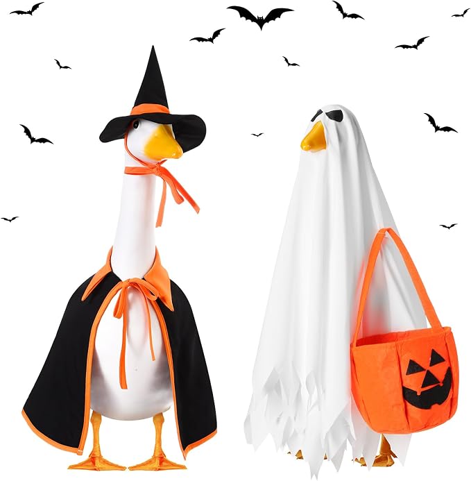 2 Set Halloween Goose Outfit Lawn Porch Goose Cloths Plastic Clothing Fall Halloween Outfit for 17 Inches Outdoor Patio Yard Lawn Art Decoration (Ghost, Witch)