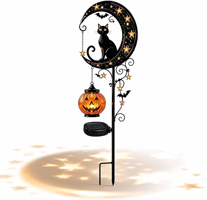 Solar Halloween Black Cat Garden Stake Light – Metal Crescent Moon & Pumpkin Lantern Yard Decor, Auto On/Off Waterproof LED Landscape Lighting for Patio Lawn Pathway (B)