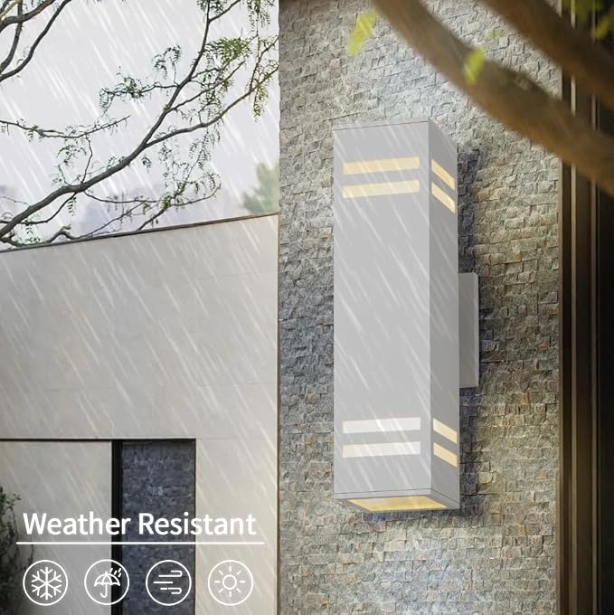 Aluminum Modern Outdoor Wall Light,15" Exterior Up Down Wall Sconce Light Fixture Sand Textured White with 3-Sided Frosted Glasses [ETL Listed] | E26 Base,UL listed,Aluminum Up and Down Lights Outdoor Exterior Wall Light Fixture Porch Light for House G...