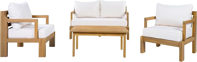 JIVOIT Outdoor 4-Seater Acacia Wood Patio Chat Set, 4 Pieces Conversation Set with Club Chair, 2 Seater Sofa and Coffee Table, Outdoor Seating Group for Garden, Backyard, Balcony