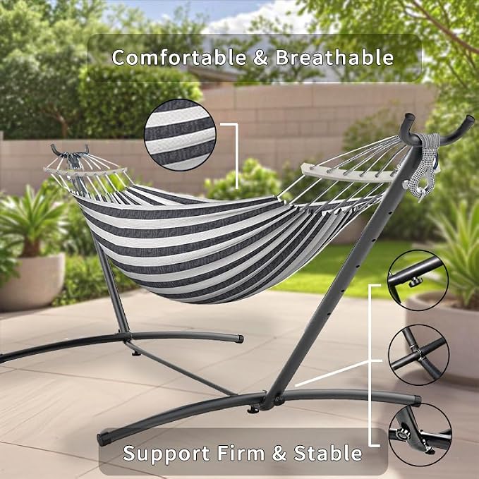 ANAGOO Double Hammock, Heavy Duty Portable, 500 lb Weight Capacity, Perfect for Both Indoors and Outdoors, 2 Person Hammock with Carrying Bag, Black White