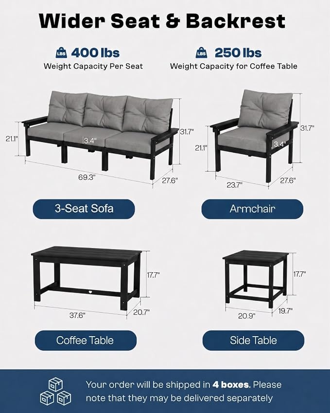 HDPE Outdoor Patio Furniture Set, 6-Piece Patio Conversation Sets with Coffee Table & Side Table & Grey Washable Thick Cushions, Outdoor Sofa for Balcony, Porch (Black Frame)