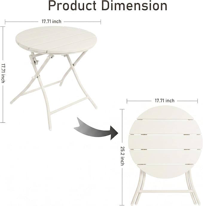 TeoKJ Folding Small Outdoor Side Tables, HDPS Patio Table with Metal Legs, Outdoor Small Round Table for Garden,Deck, No Assembly Patio Table Round Nightstand for Porch Yard Balcony Deck Lawn, White