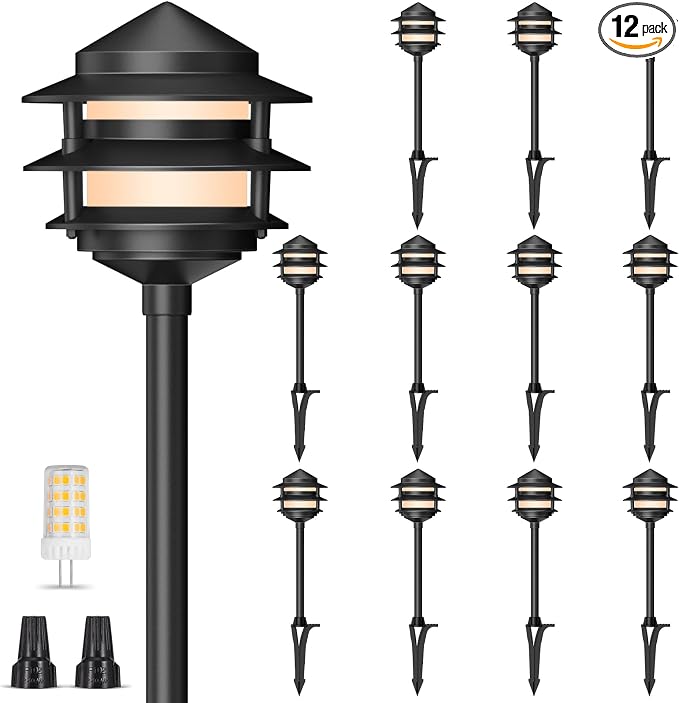 Pagoda Low Voltage Landscape Pathway Lights, 12V Outdoor LED Path Lights Wired, Aluminum Walkway Lighting with 4W 2700K Replaceable G4 Bulb, Classic 3-Tier Lantern, 12 Pack