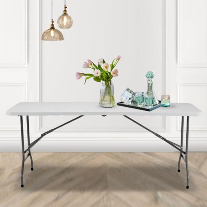 6-Foot Portable Table, Folding Table, Outdoor Indoor Heavy-Duty Portable Table with Handles for Camping Picnic Parties, White