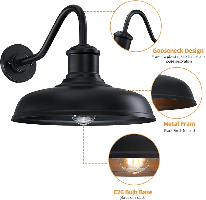 13.8'' Diameter Large Outdoor Gooseneck Barn Light 2 Packs, Black | Outdoor Wall Sconce Farmhouse Exterior Lighting Fixture Industrial Outside Lantern for Porch, Garage (No Sensor)