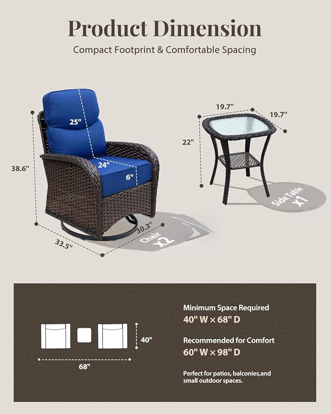 Patio Furniture Set with Luxury 6" Cushions, 3 Pieces Swivel Rocking Patio High Back Chairs, Outdoor Wicker Bistro Conversation Set for Balcony, Porch, Backyard, Poolside, Blue
