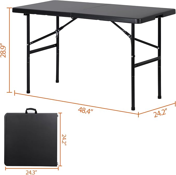 JupiterForce 4ft Folding Table, Indoor Outdoor Portable Plastic Picnic Table, Heavy Duty Rectangular Party Camping Dining Table with Carrying Handle, Black