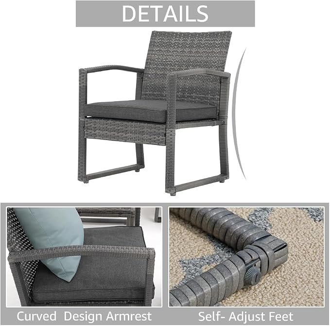 Patiorama 3 Piece Outdoor Patio Furniture Conversation Set, Rattan Chair Set With Coffee Table, For Garden, Balcony, Backyard, Poolside (Dark Grey)