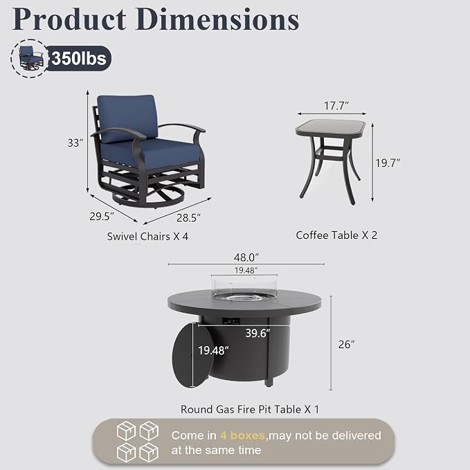 ALAULM Aluminum Patio Furniture Set with Coffee Table Rectangular, 5-seat Outdoor Sectional Furniture w/2 Swivel Chairs, Patio Conversation Set for Porch, Backyard, Dark Blue