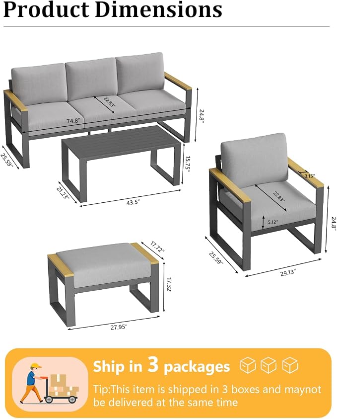 Garvee Aluminum Outdoor Patio Furniture Set with Coffee Table | 5 Piece Patio Conversation Sets with Washable Thick Cushions, Outdoor Sectional Furniture Set for Porch, Balcony, Deck, Yard,