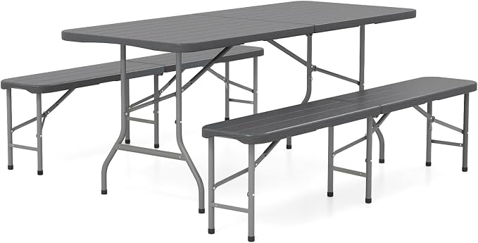 Goplus 6 FT 3-Piece Portable Picnic Table Bench Set, HDPE Wood-Like Plastic Folding Picnic Tables with Benches, Foldable Patio Camping Beer Table, Indoor & Outdoor Folding Table and Chairs