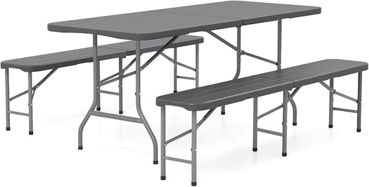 Goplus 6 FT 3-Piece Portable Picnic Table Bench Set, HDPE Wood-Like Plastic Folding Picnic Tables with Benches, Foldable Patio Camping Beer Table, Indoor & Outdoor Folding Table and Chairs