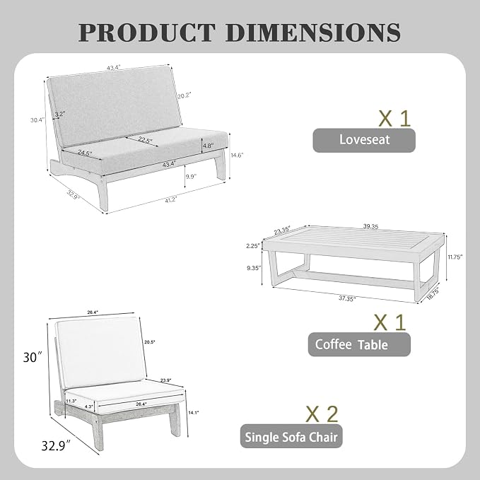 All Weather Patio Furniture Sets, 4 Pieces Teak Wood Outdoor Sectional Futniture Patio Sofa Chair Backyard Conversation Set with Solid Wooden Coffee Table - Light Camel