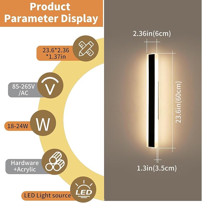 23.6inch Modern Outdoor Light Fixture, 3000K-6000K Dimmable Wall Sconce, IP65 Waterproof Linear Exterior LED Lights, Long Strip Garage Lighting Outside for Porch, Patio, Yard