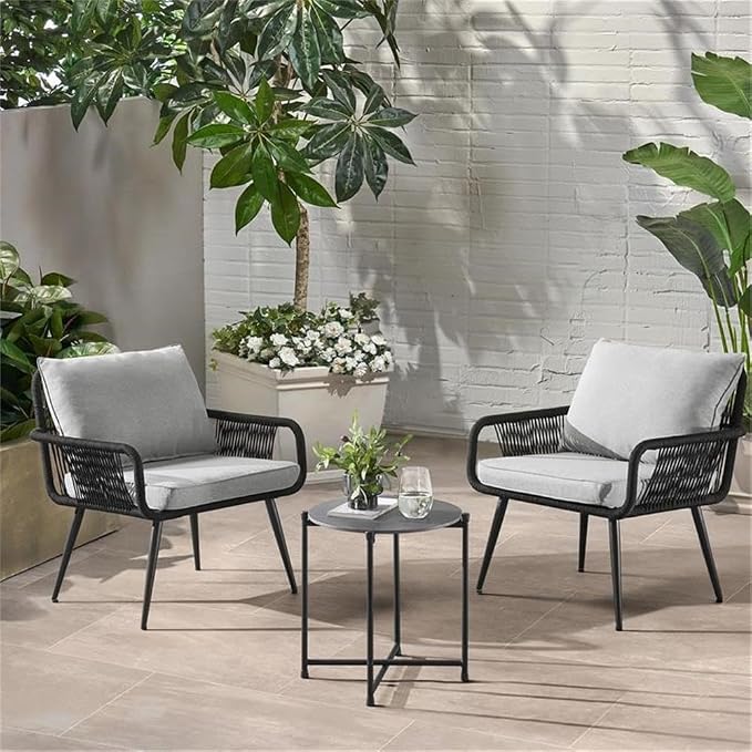 Andover All-Weather Outdoor Set, Two Rope Chairs, Light Gray Cushions, Poly Fiber Stone-Look Cocktail Table, 27 in. W x 27 in. D x 29 in. H Chairs, 18 in. W x 18 in. D x 18 in. H Table