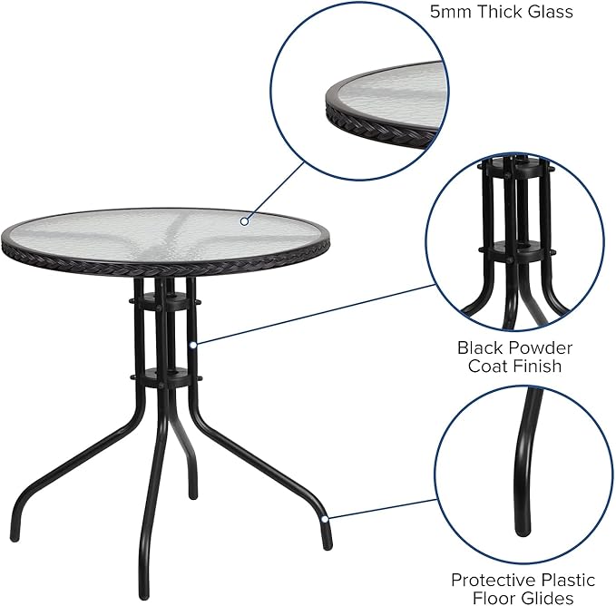 Flash Furniture Barker 28'' Round Tempered Glass Metal Table with Black Rattan Edging