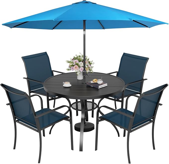 Incbruce 6 PCS Patio Dining Set with Sky Blue Umbrella, Outdoor Dining Set of 4 Textilene Chairs and 41" Round Table with Umbrella Hole for Backyard, Garden, and Poolside (Blue)
