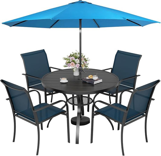 Incbruce 6 PCS Patio Dining Set with Sky Blue Umbrella, Outdoor Dining Set of 4 Textilene Chairs and 41" Round Table with Umbrella Hole for Backyard, Garden, and Poolside (Blue)