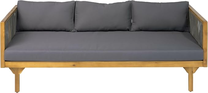 Christopher Knight Home Clarie Patio Sofa and Coffee Table Set, 2 Piece Outdoor Patio Furniture Set with Cushion, Acacia Wood 3 Seater Outdoor Sofa Daybed and Coffee Table Set, Dark Gray+Teak