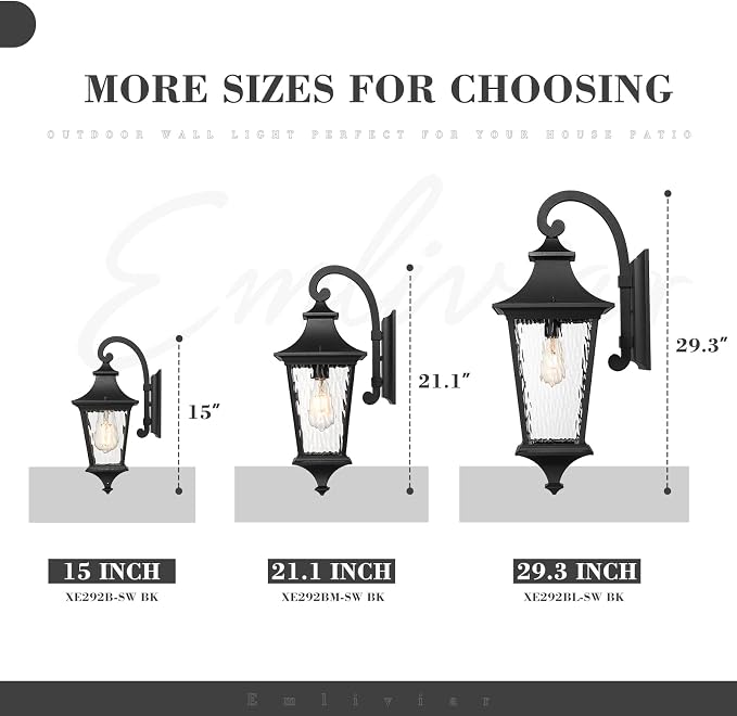 Emliviar 15 Inch Outdoor Wall Lantern Light, Porch Light for House, Hallway and Entryway, Black Finish with Water Ripple Glass, XE292B-SW BK