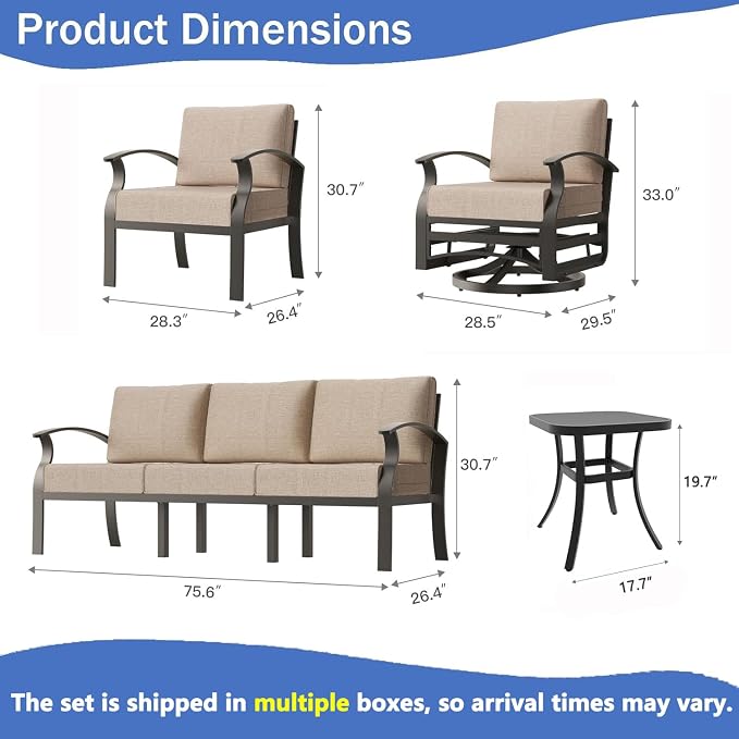 Aluminum Outdoor Patio Furniture Set,6 Pieces 7 Seats Patio Conversation Sets,Metal Patio Sectional Furniture Set with 5.1" Thickened Cushions,Swivel Rocking Chairs Set,Sand
