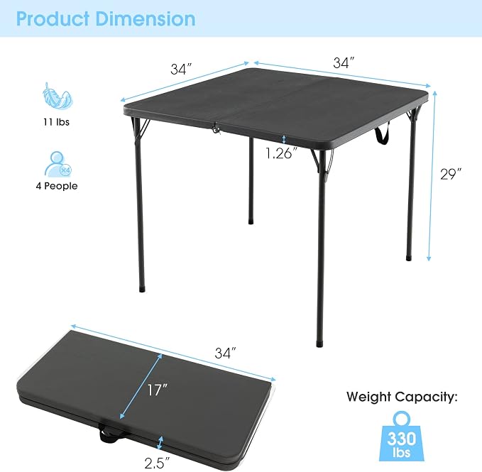 MEDIMALL Outdoor Folding Table, Fold-in-Half Utility HDPE Foldable Table with Metal Legs, Handle, Square Indoor Outdoor Collapsible Dining Table for Camping, Picnic, Party (Grey)