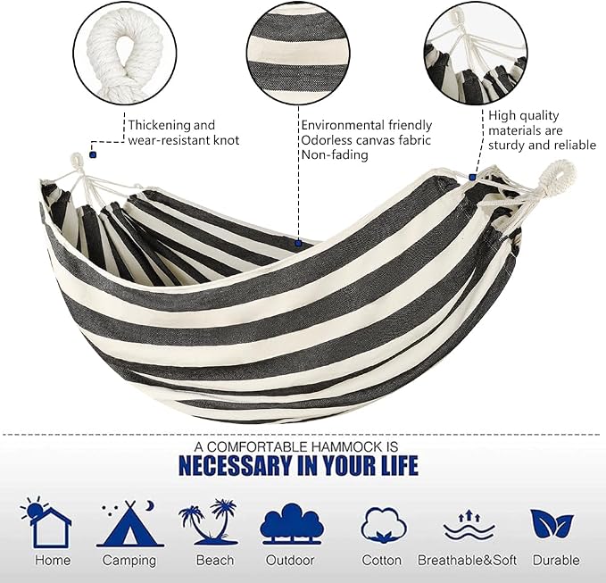 Cotton Canvas Hammock with Tree Straps - Portable Hammock for Outdoor Indoor Patio Backyard, Camping Hammock with Carry Bag, 440lbs Capacity, Without Stand(Black, Without bar)